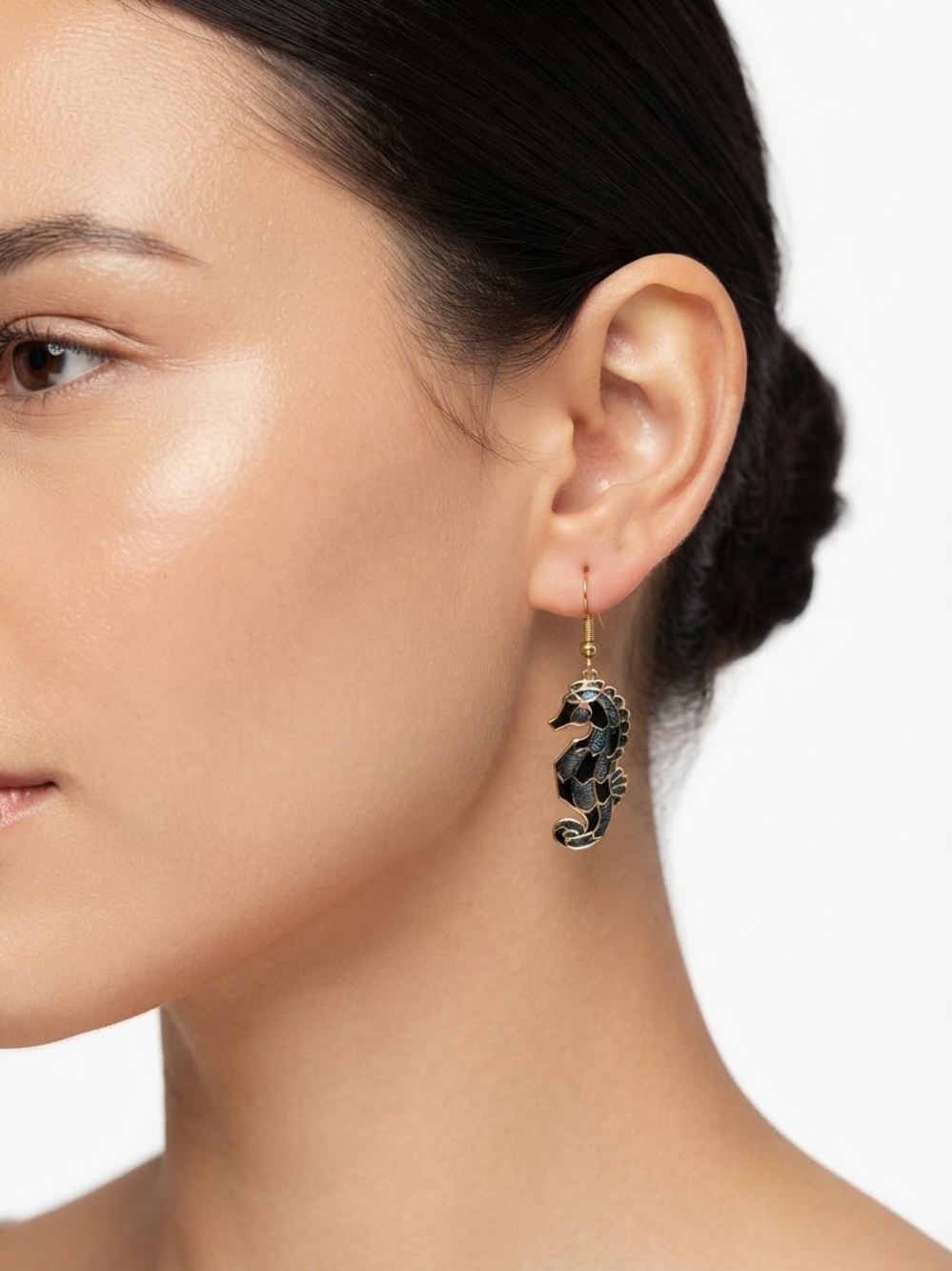 Vintage Enameled Gold and Black Seahorse Drop Earrings